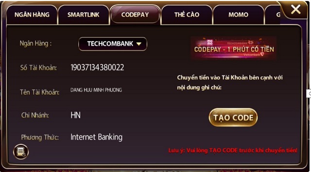 Nạp Sunwin qua Codepay